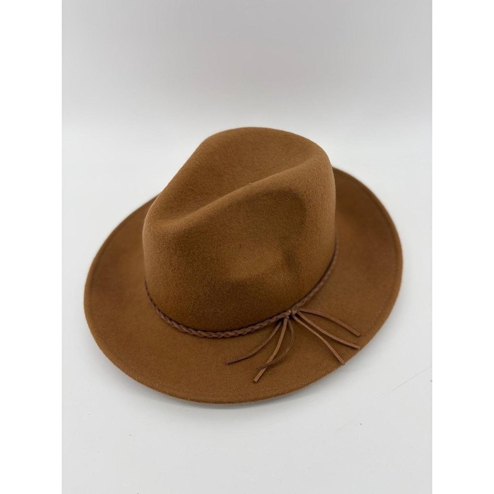 Wool (100%) Wide Brim Brown Fedora Hat Leather Tassels (Unbranded)‎